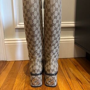 Gucci Monogram Knee High Boots Size 7.5,8, 38 Brown/Tan